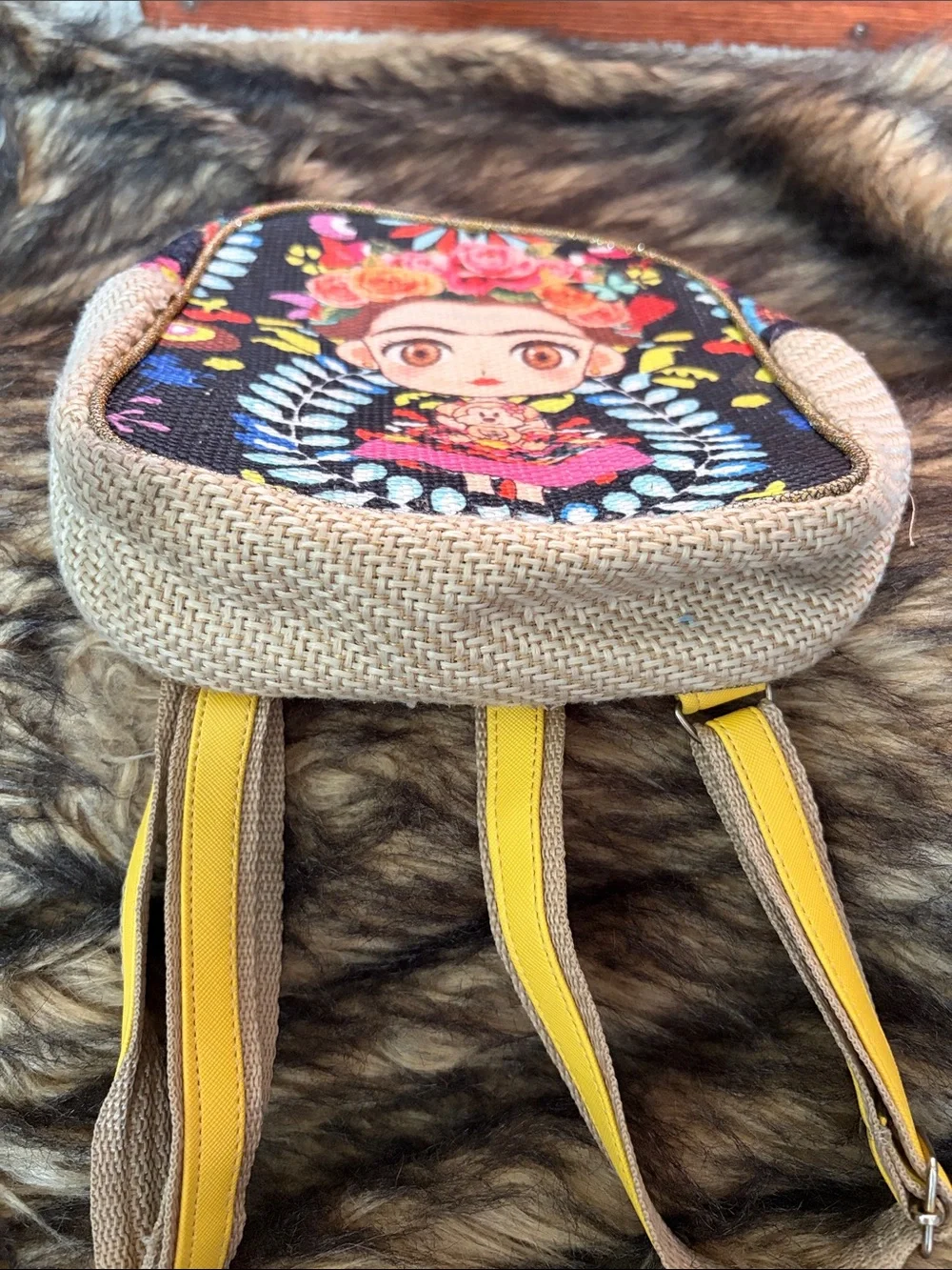 Mexican Artist Frida Kahlo Mini Backpack Animated Female Floral Yellow Woven